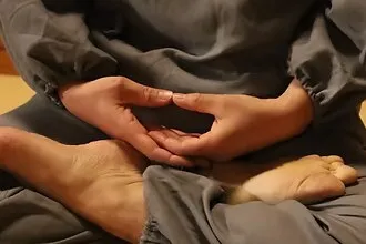 Hands resting in the cosmic mudra: left hand cradled in the right, palms up, thumb-tips lightly touching above.