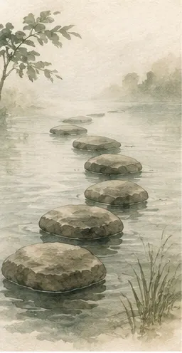 A watercolor of stepping stones crossing still water, calm and reassuring.