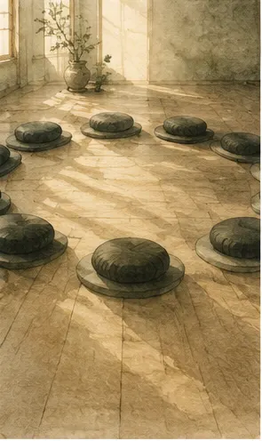 A watercolor of cushions arranged in a circle, seen softly from above.