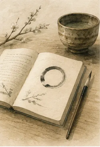 A watercolor of an open notebook and a brush resting in soft light.