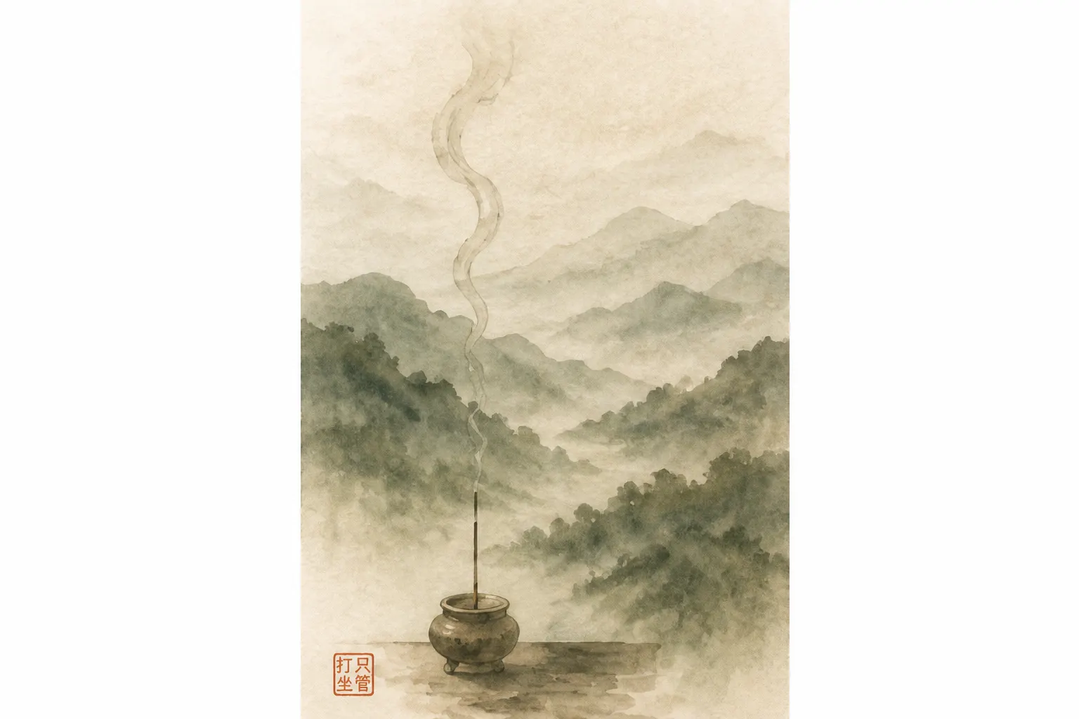 A watercolor of incense smoke rising before receding mountains, soft and grey-green.