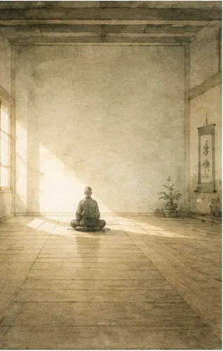 A watercolor of a quiet practice hall, cushions set in soft morning light.