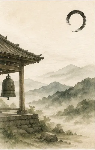A watercolor of a temple bell in the soft light of a misty Sunday morning.
