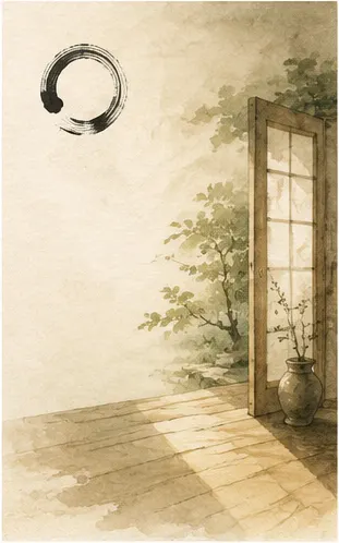 A quiet open doorway into a softly lit room, a watercolor in warm and pine tones.
