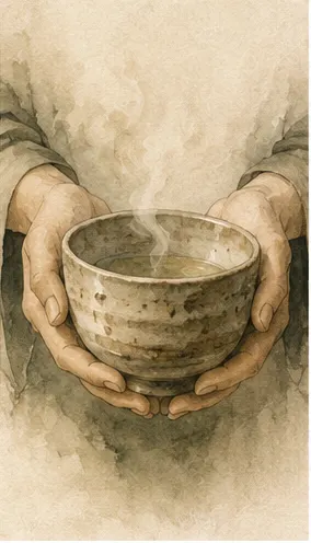 A watercolor of two hands offering a simple tea bowl, warm and open.