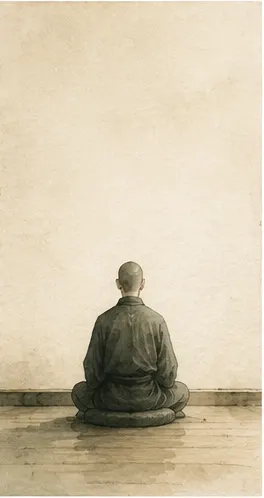A watercolor of a seated figure facing a pale wall in soft morning light.