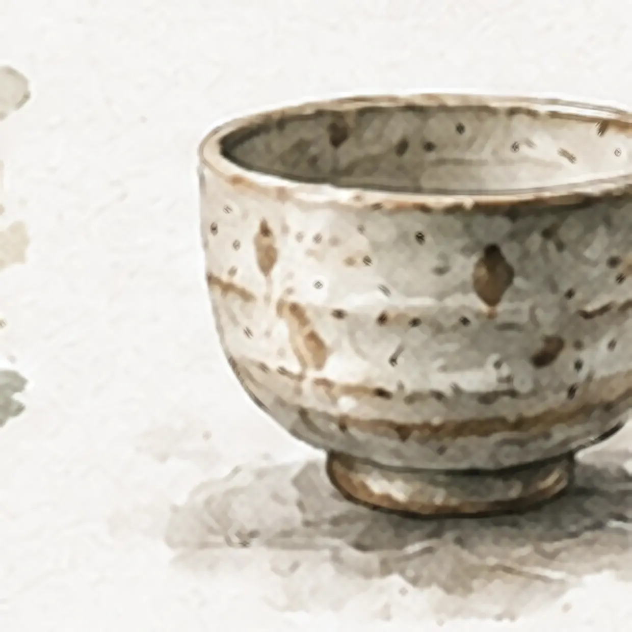 A watercolor of a worn, handmade tea bowl, warm and quiet.