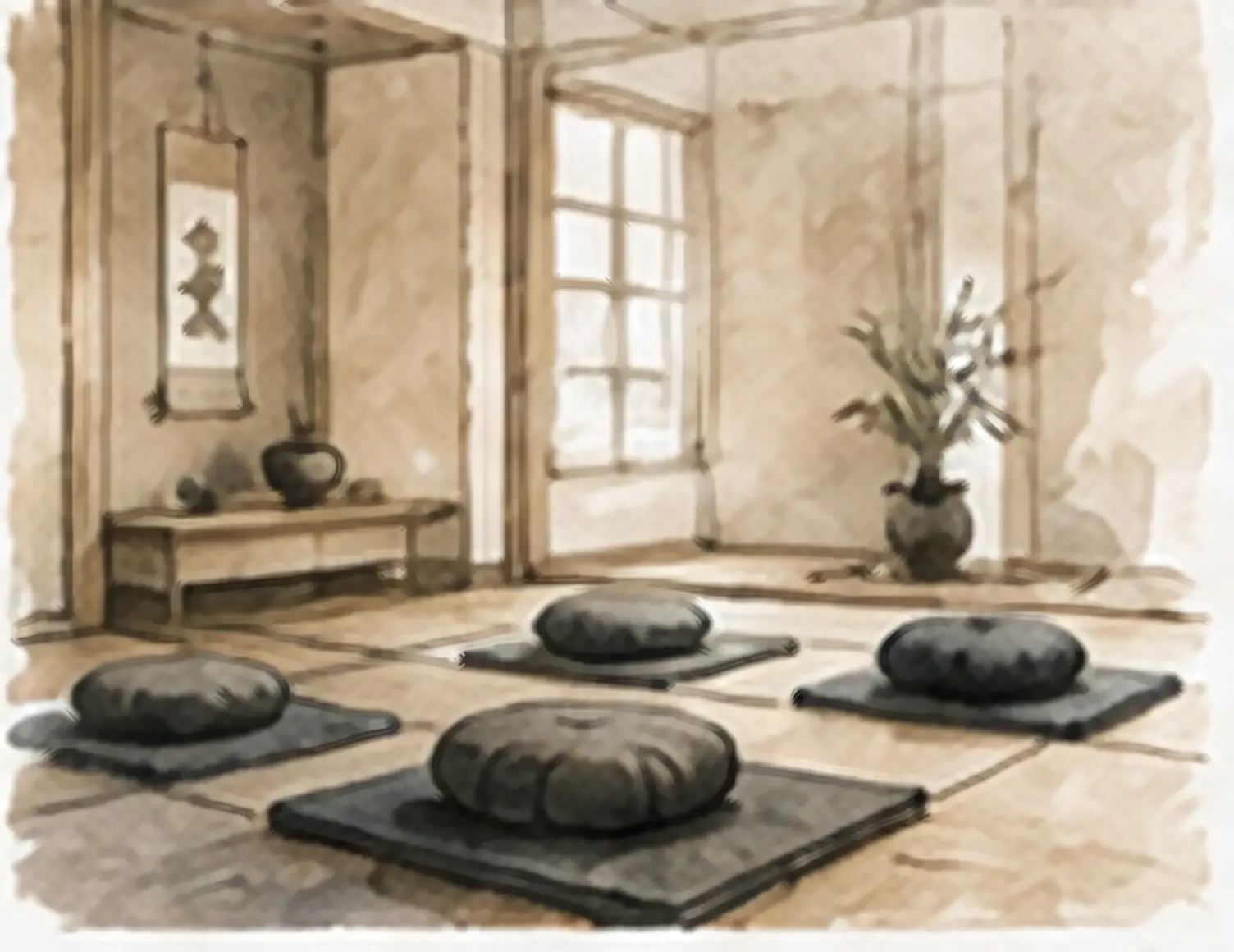 A watercolor of the sitting room at first light, cushions set in quiet rows.