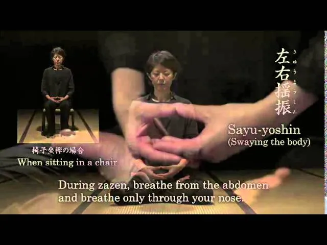 A still from the zazen instructional film showing the hands resting in the cosmic mudra.