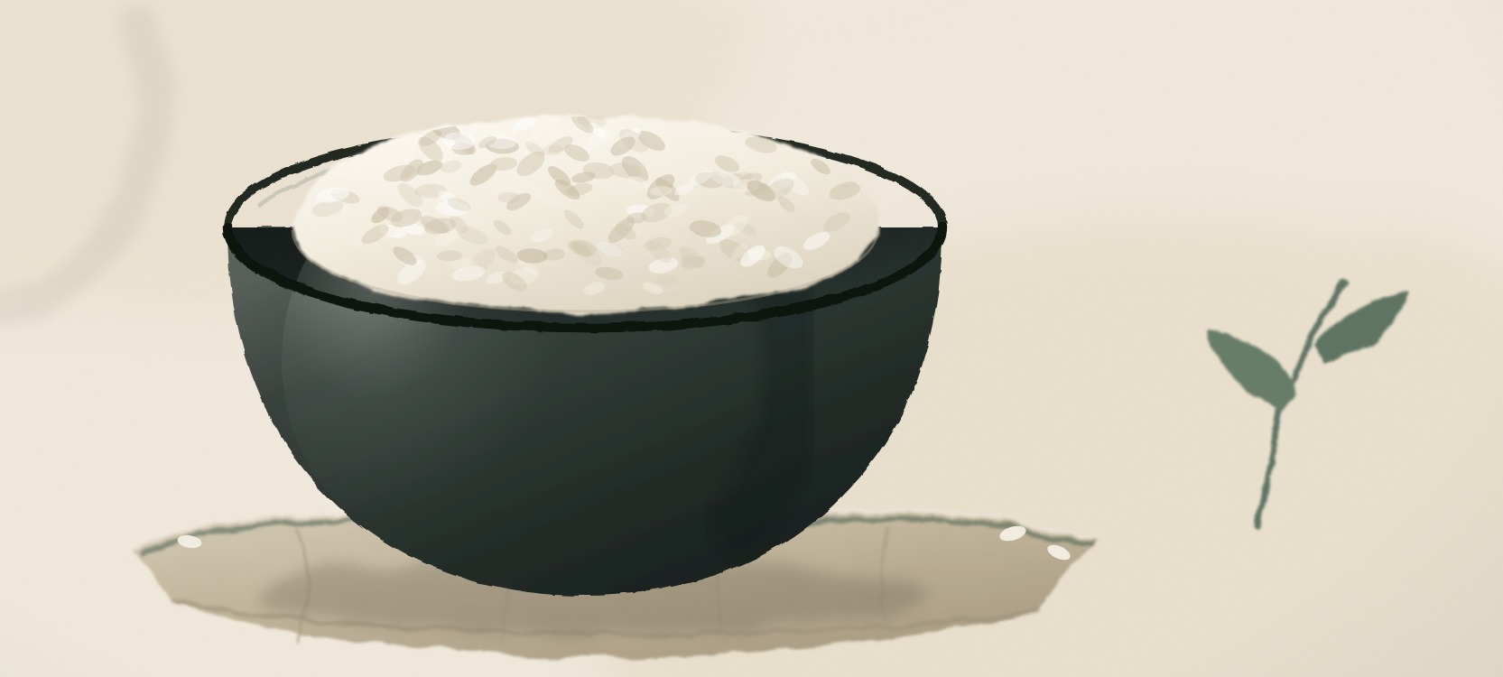 A dark bowl of rice resting on a linen cloth.